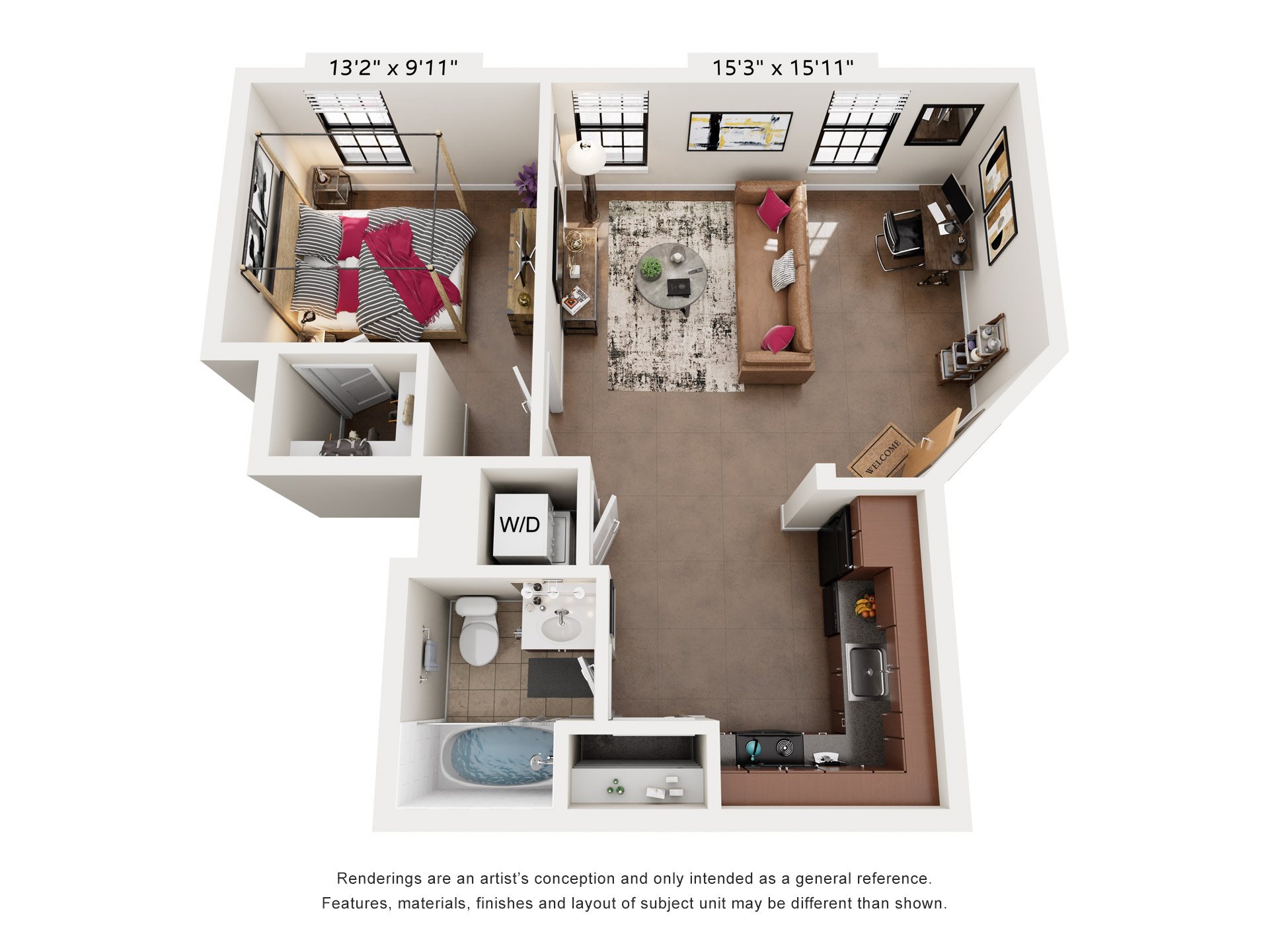 Floor plan for 1 bed, 1 bath, 602 sqft